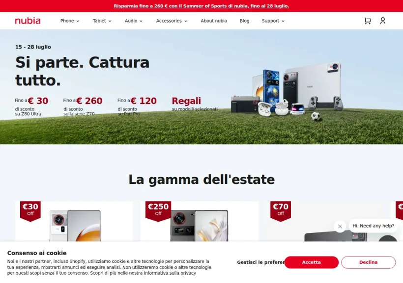 Schermata della pagina offerta di Nubia