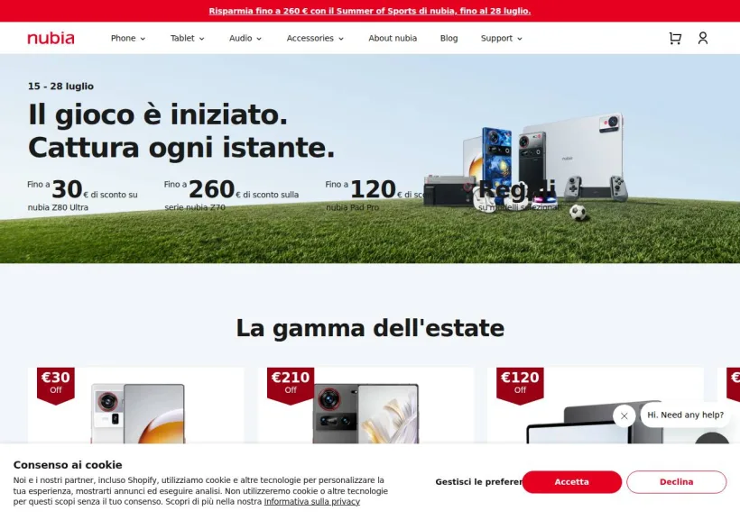 Schermata della pagina offerta di Nubia