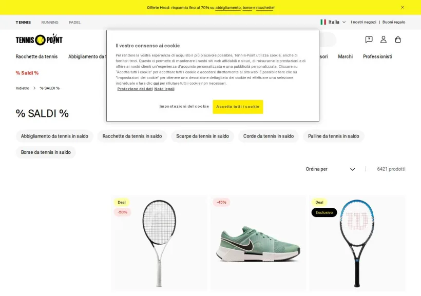 Schermata della pagina offerta di Tennis Point