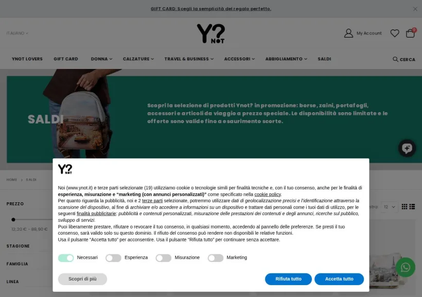 Schermata della pagina offerta di YNot