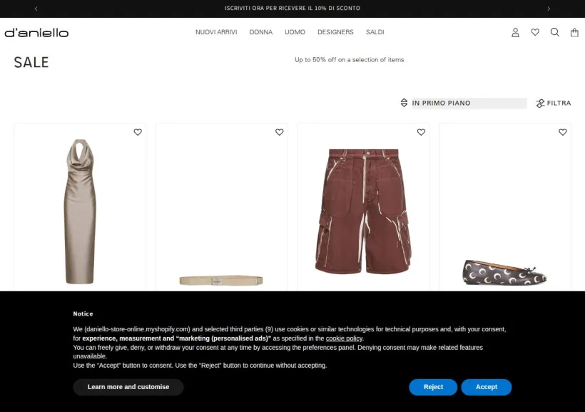 Schermata della pagina offerta di D'Aniello Boutique
