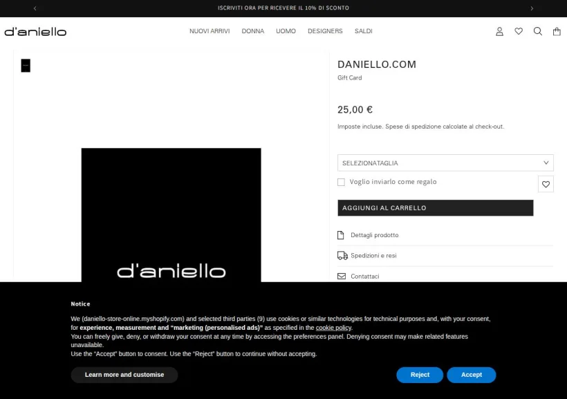 Schermata della pagina offerta di D'Aniello Boutique