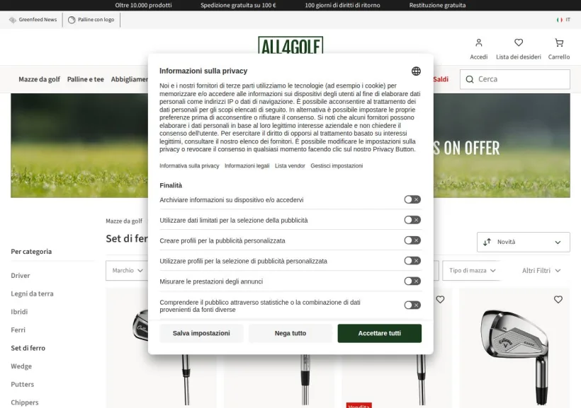Schermata della pagina offerta di All4Golf