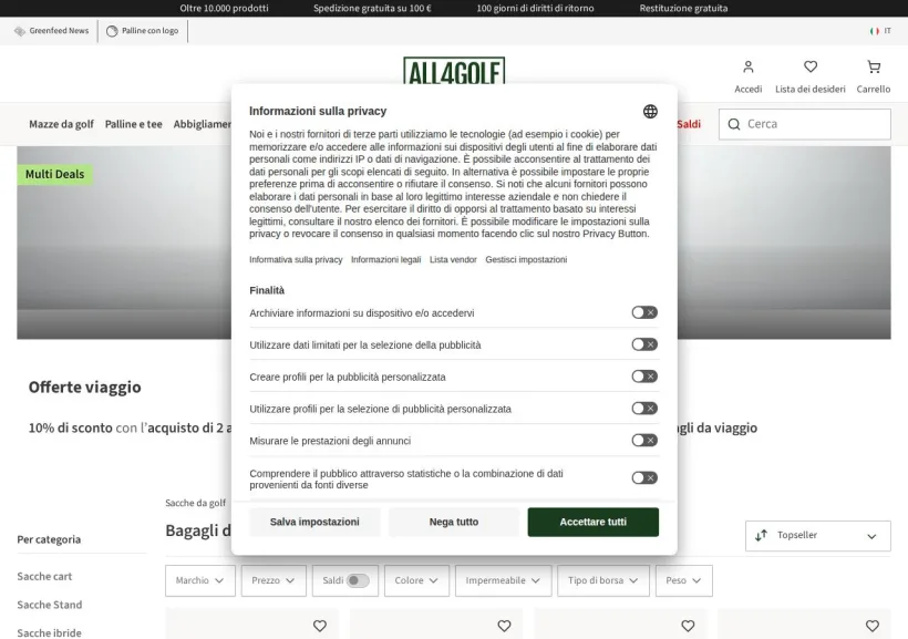 Schermata della pagina offerta di All4Golf