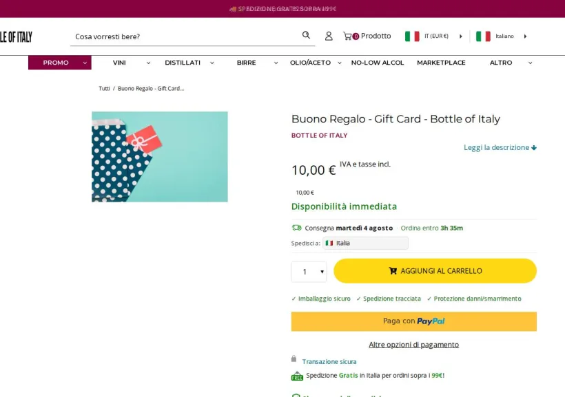 Schermata della pagina offerta di Bottle Of Italy