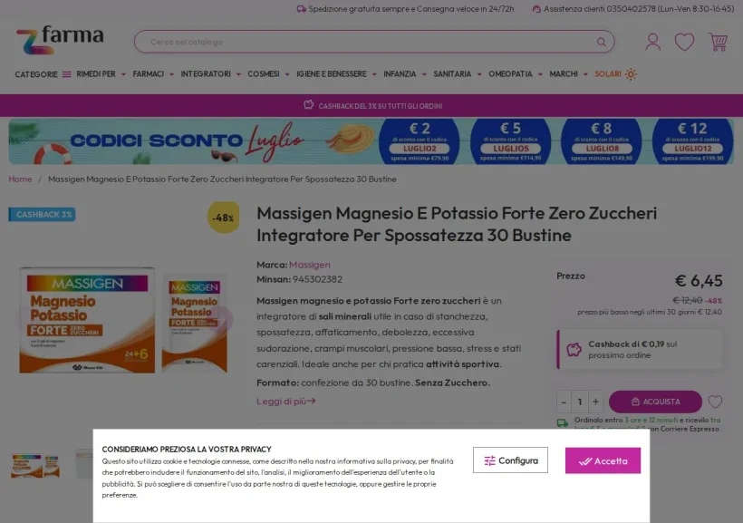 Schermata della pagina offerta di ZFARMA