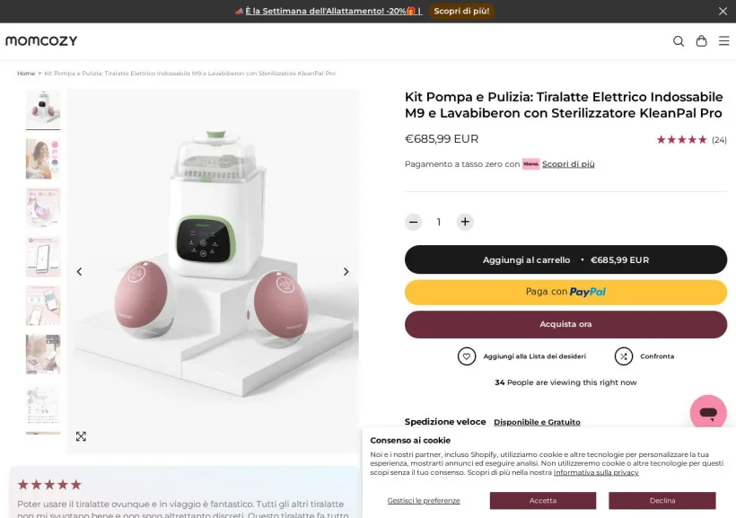 Schermata della pagina offerta di Momcozy