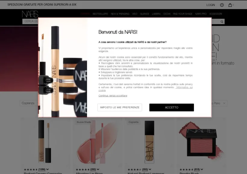Schermata della pagina offerta di NARS
