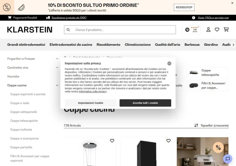 Schermata della pagina offerta di Klarstein