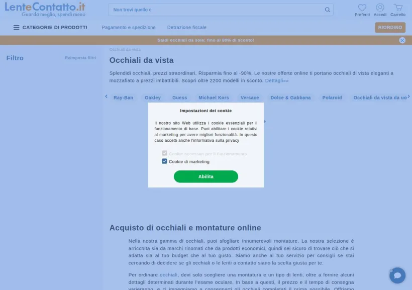 Schermata della pagina offerta di LenteContatto