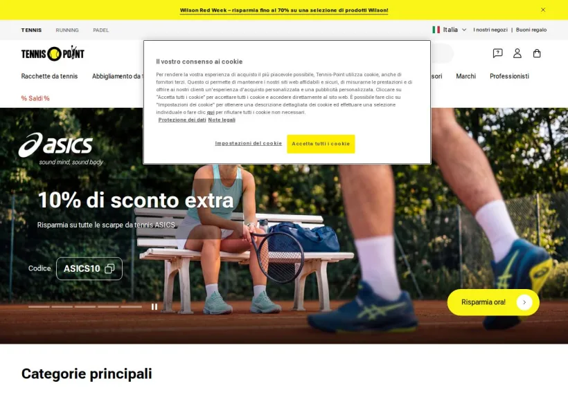 Schermata della pagina offerta di Tennis Point