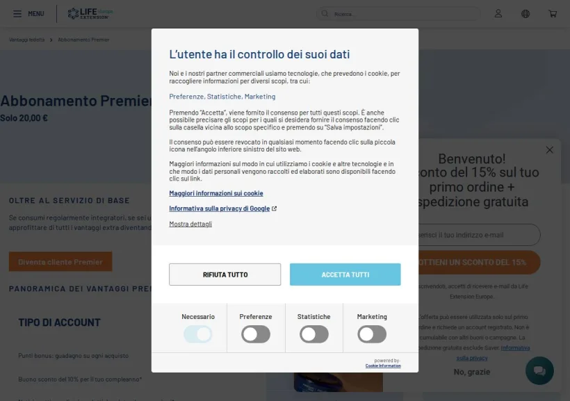 Schermata della pagina offerta di Life Extension