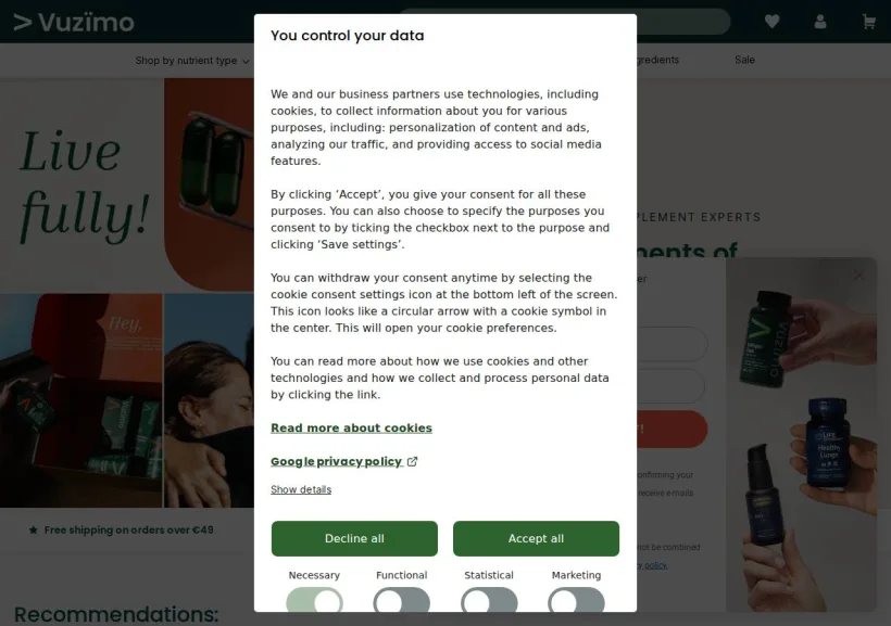 Schermata della pagina offerta di Vitalized