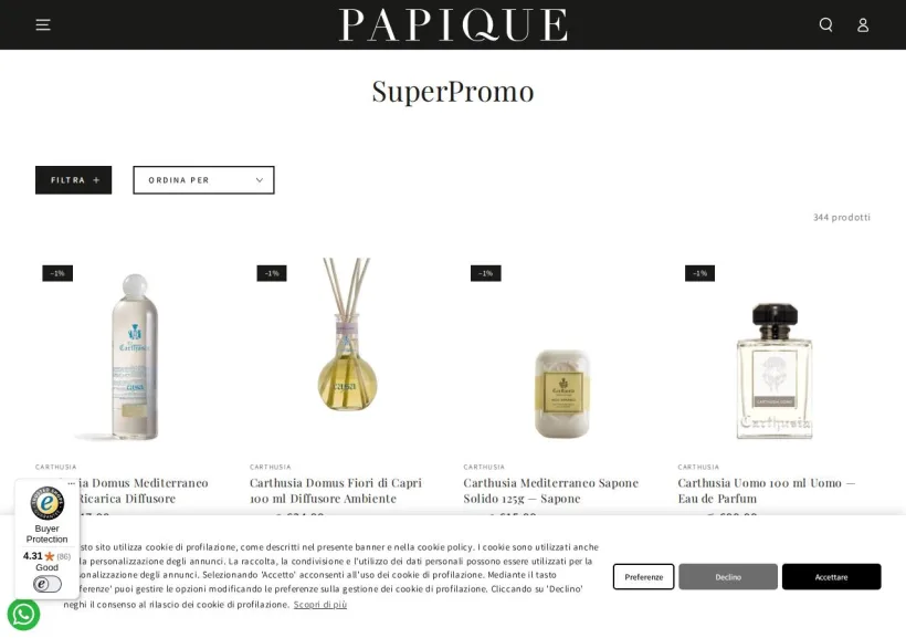 Schermata della pagina offerta di Papique