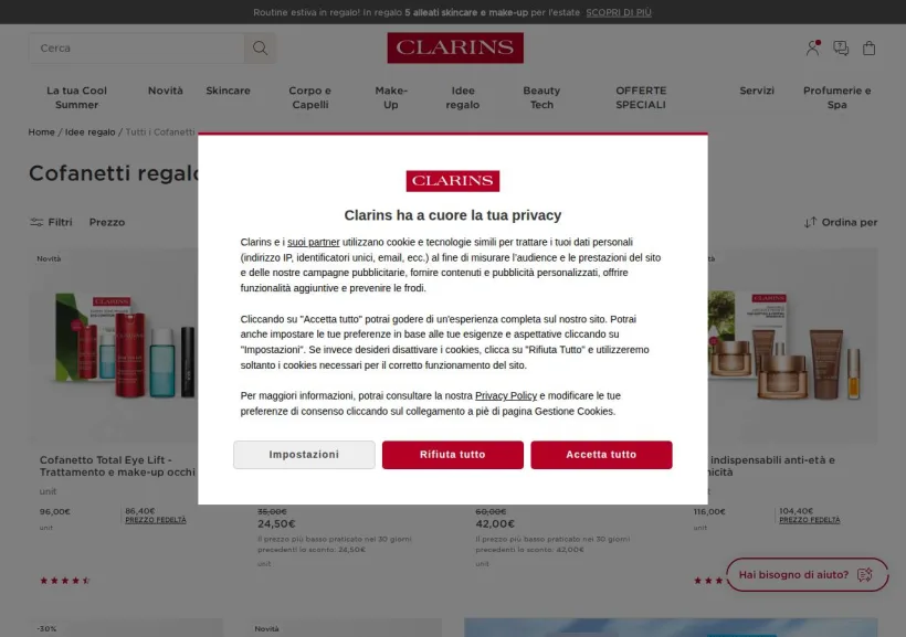 Schermata della pagina offerta di Clarins