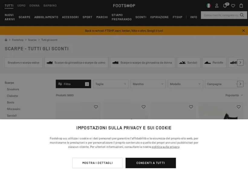 Schermata della pagina offerta di Footshop