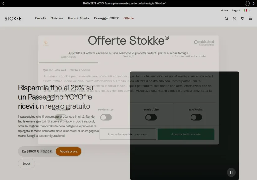 Schermata della pagina offerta di Stokke
