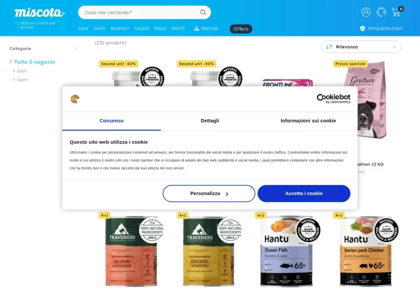 Schermata della pagina offerta di Miscota