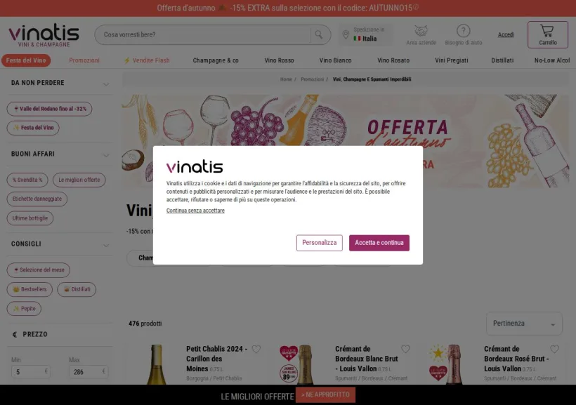 Schermata della pagina offerta di Vinatis