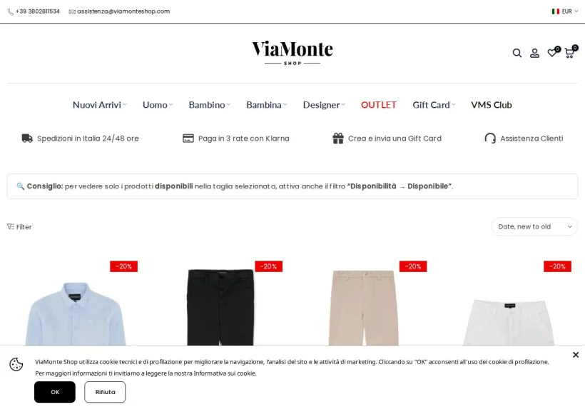 Schermata della pagina offerta di Via Monte Shop