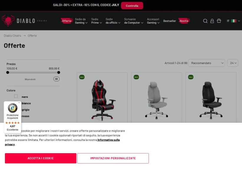 Schermata della pagina offerta di Diablo Chairs