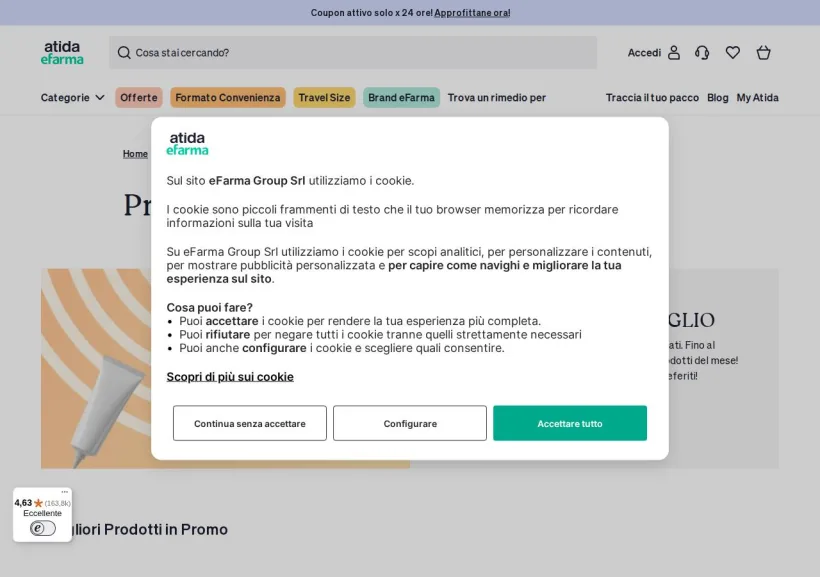 Schermata della pagina offerta di eFarma