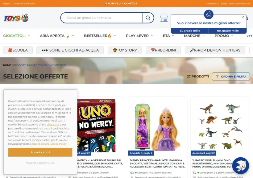 Schermata della pagina offerta di Toys Center