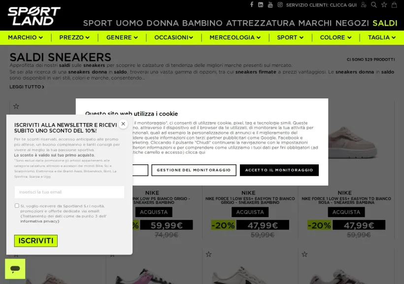Schermata della pagina offerta di Sportland