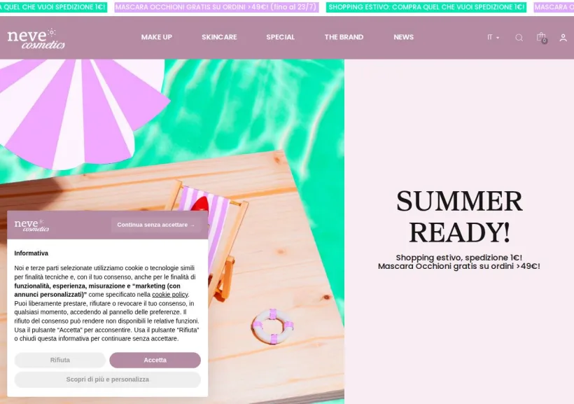 Schermata della pagina offerta di Neve Cosmetics