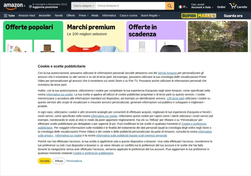 Schermata della pagina offerta di Amazon