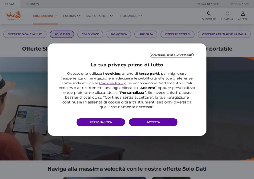 Schermata della pagina offerta di WindTre Energia luce e gas