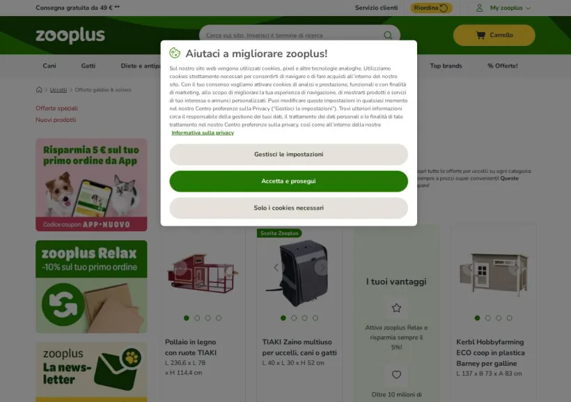 Schermata della pagina offerta di Zooplus