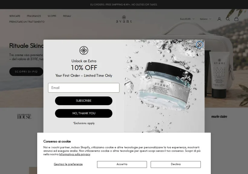 Schermata della pagina offerta di Avant Skincare