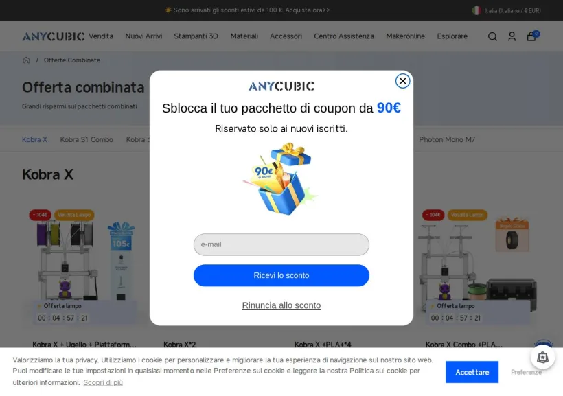 Schermata della pagina offerta di Anycubic