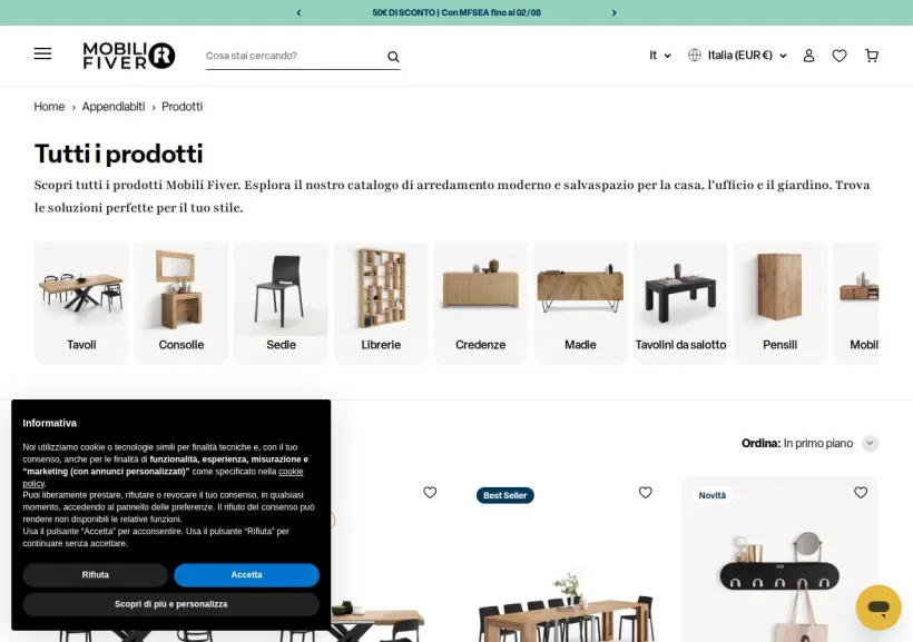 Schermata della pagina offerta di Mobili Fiver