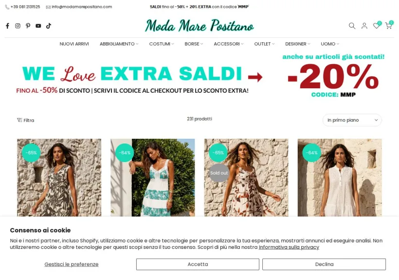 Schermata della pagina offerta di Moda Mare Positano