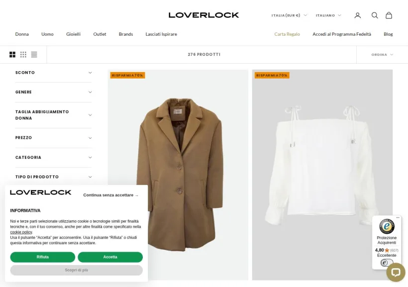 Schermata della pagina offerta di Loverlock boutique on line
