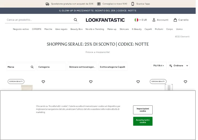 Schermata della pagina offerta di Look Fantastic