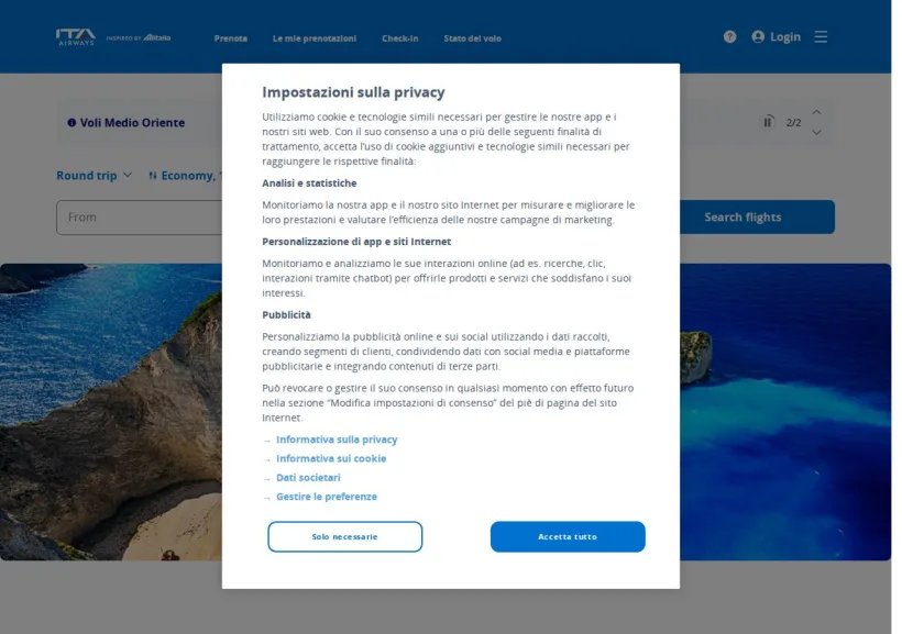 Schermata della pagina offerta di ITA Airways