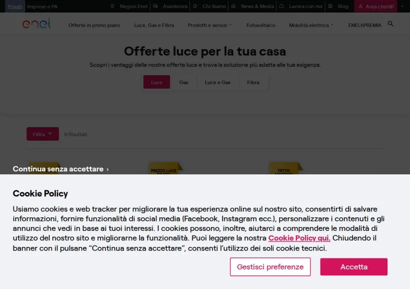 Schermata della pagina offerta di Enel