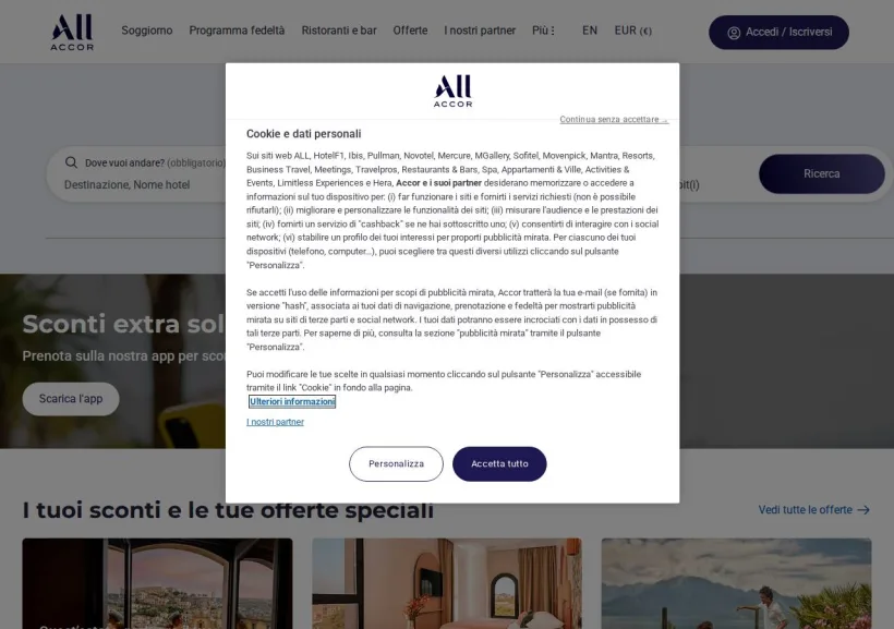 Schermata della pagina offerta di ALL Accor Live Limitless