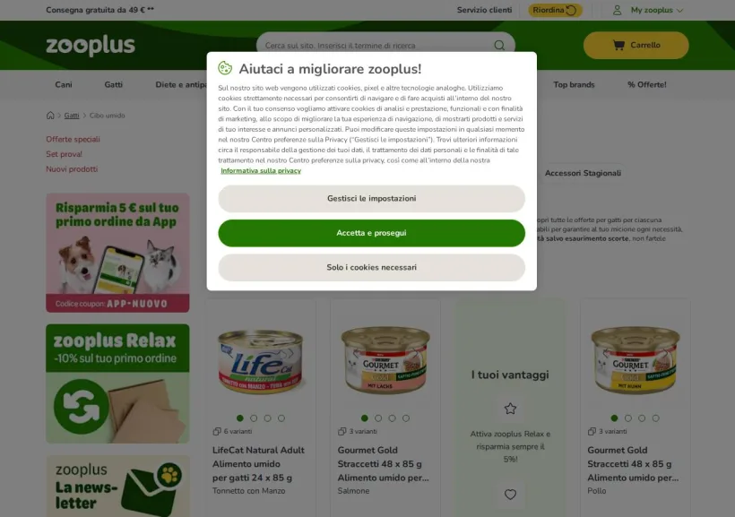 Schermata della pagina offerta di Zooplus