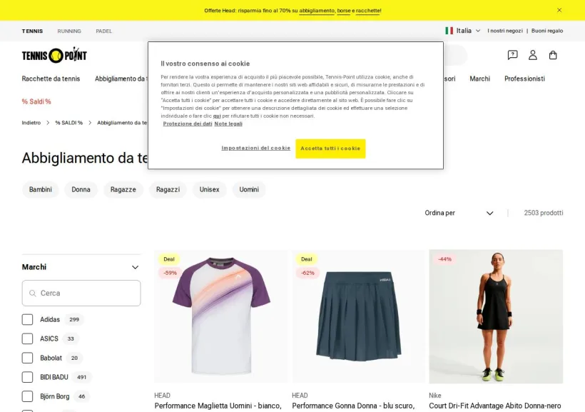 Schermata della pagina offerta di Tennis Point