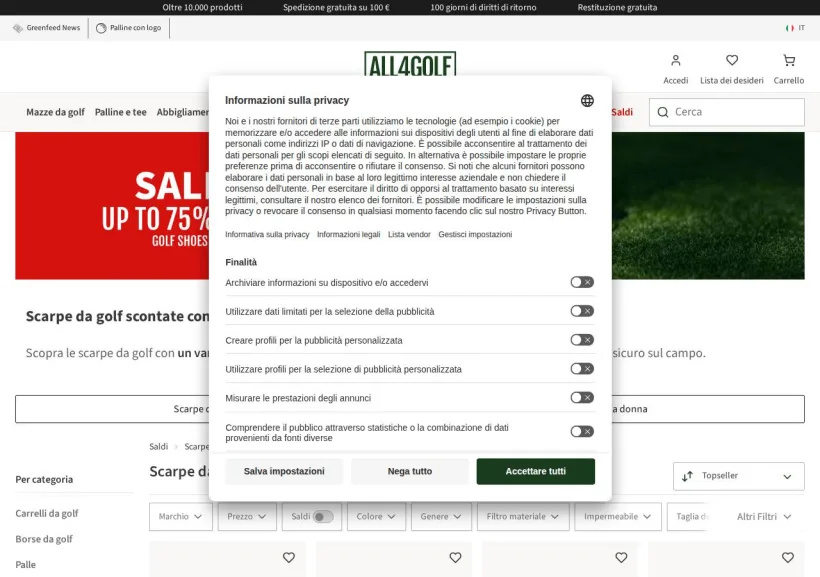 Schermata della pagina offerta di All4Golf