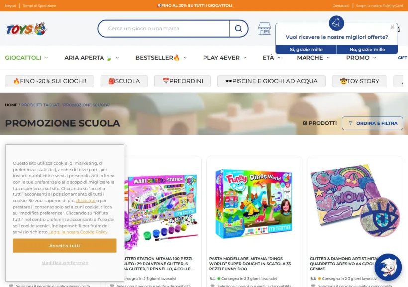 Schermata della pagina offerta di Toys Center