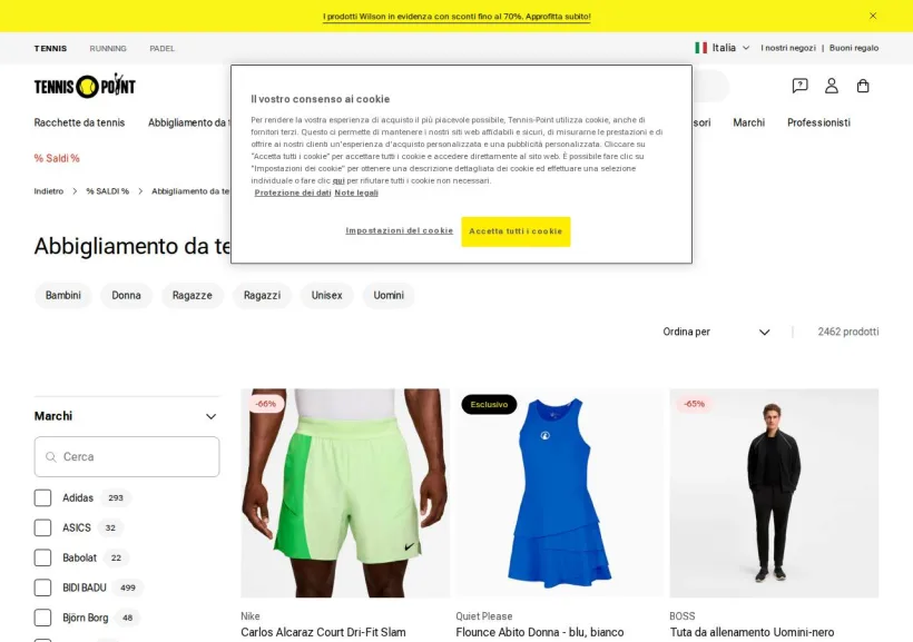 Schermata della pagina offerta di Tennis Point
