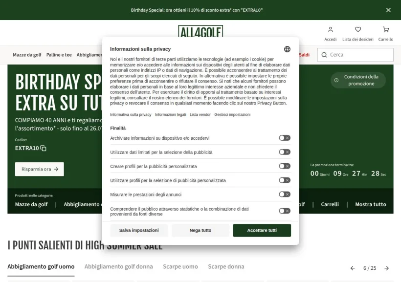 Schermata della pagina offerta di All4Golf