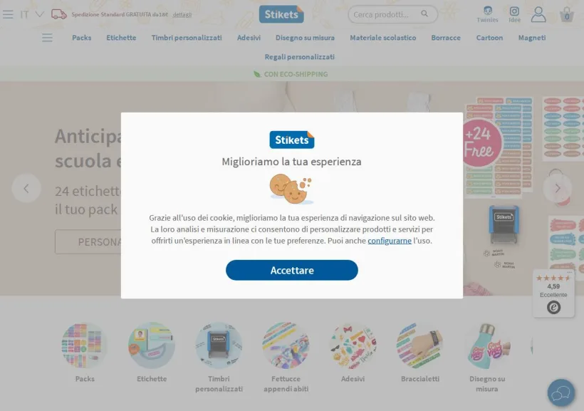 Schermata della pagina offerta di Stikets