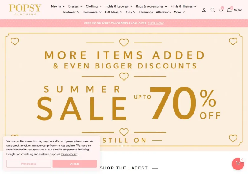 Schermata della pagina offerta di POPSY CLOTHING