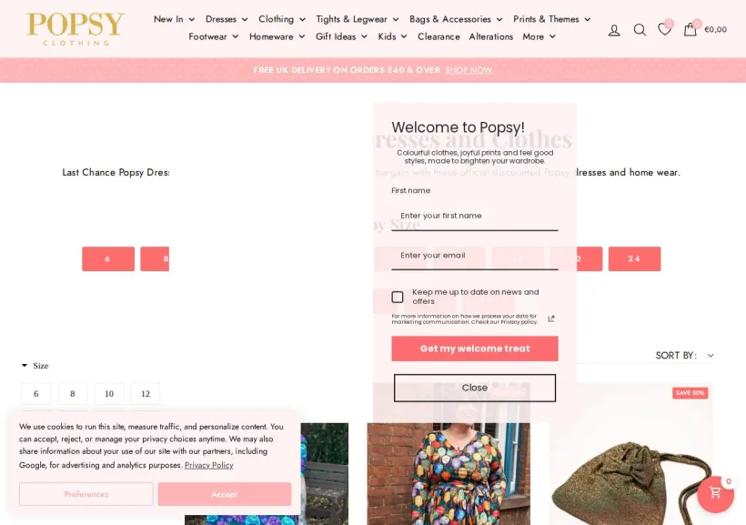 Schermata della pagina offerta di POPSY CLOTHING